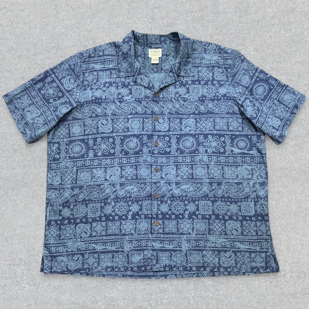 LL Bean Tropics Shirt Men's 2XL Blue Abstract Button Up Short Sleeve Camp